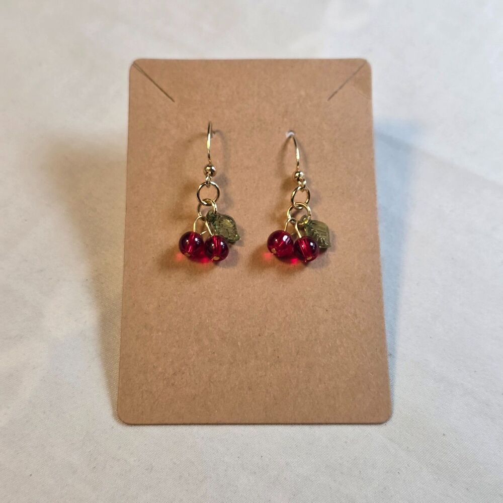 Handmade Glass Cherry Dangle Earrings Red Fruit Bead Gold Drop Cottagecore Y2K